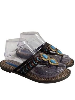 Grendha Women's 8 Brazilian Sandals Brown Blue Tribal Print Ivete Sangalo NWOT